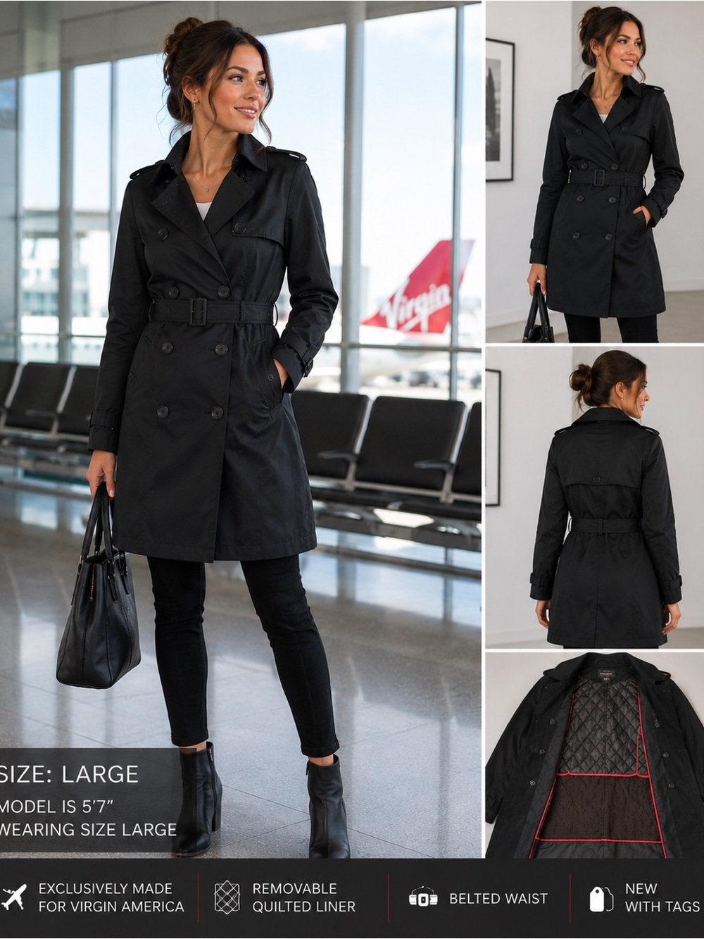 NWT Banana Republic x Virgin America Trench Coat – Women’s Large – Black